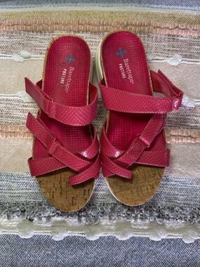 BareTraps Pink Textured Strappy Cork Wedge Sandals